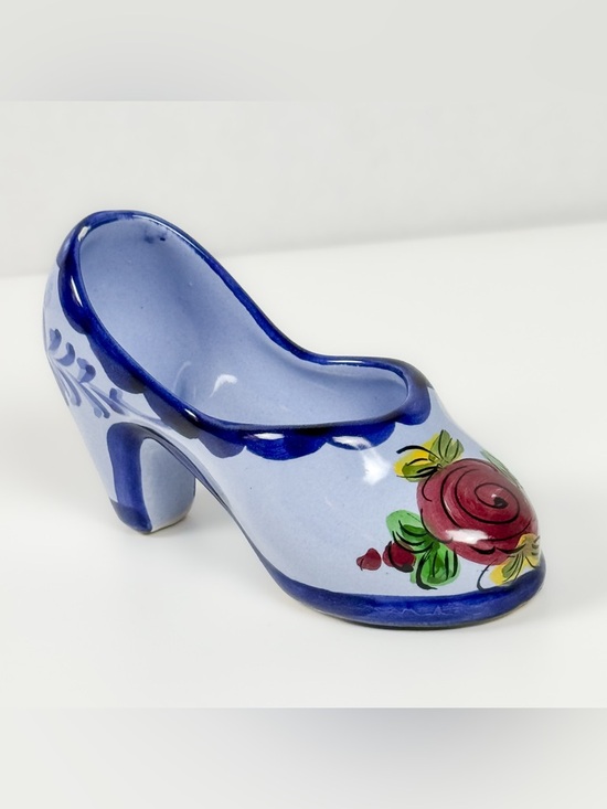 Other - Vintage Portugal Miniature Porcelain Shoe - Blue High Heel with Floral Design